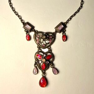 Vintage-Inspired Red and Pink Statement Pendant Necklace